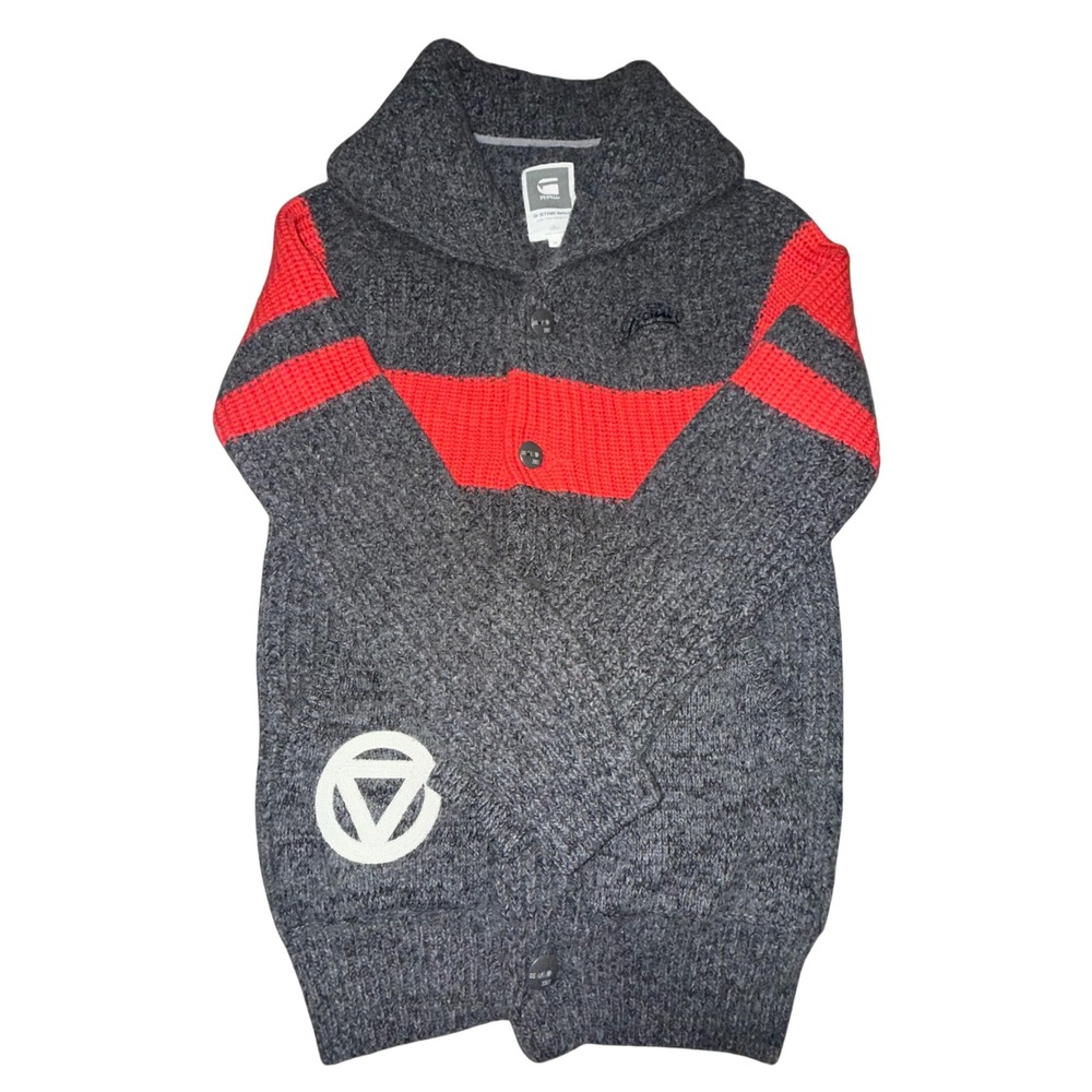 G Star Raw Men's Gray Red Stripe Shawl Collar Wool‎ Cardigan Sweater Size M